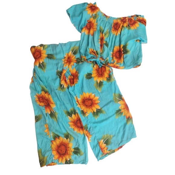 Silk Blend Sunflower Cropped Top Wide Leg Pant Set Size XL Beach Resort Festival - Picture 1 of 5
